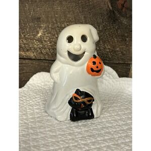 Vtg Kmart Halloween White Ghost JackOLantern & Black Cat Candle Holder‎